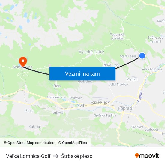 Veľká Lomnica-Golf to Štrbské pleso map