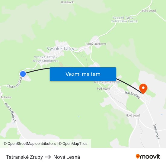 Tatranské Zruby to Nová Lesná map