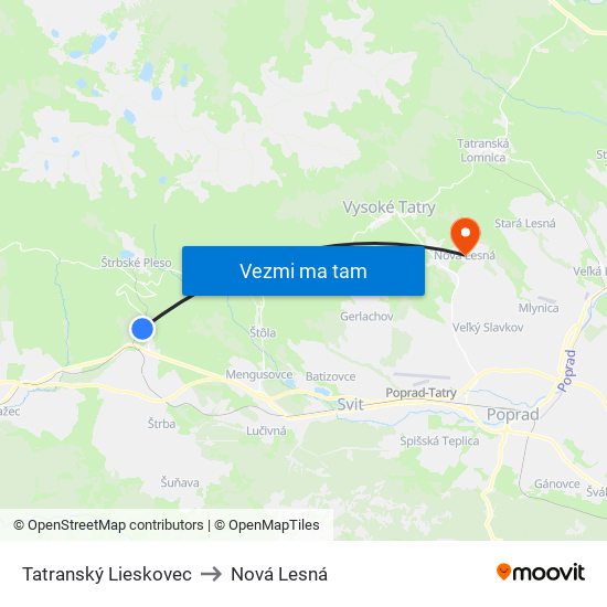 Tatranský Lieskovec to Nová Lesná map