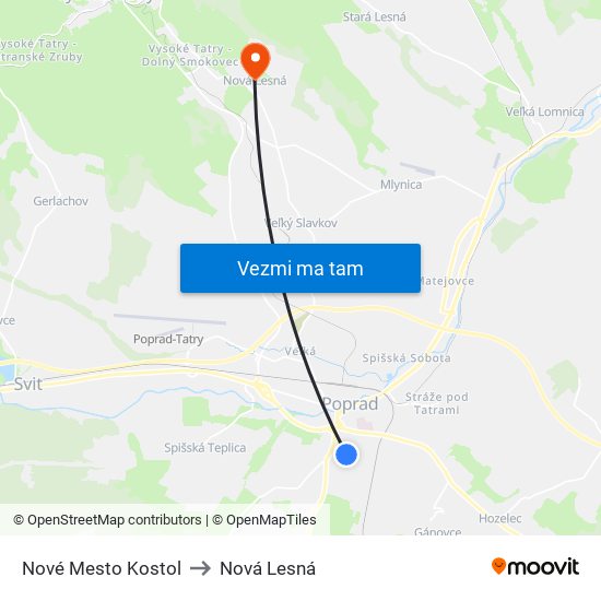 Nové Mesto Kostol to Nová Lesná map