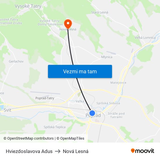 Hviezdoslavova Adus to Nová Lesná map