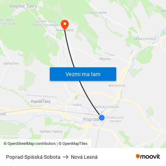 Poprad-Spišská Sobota to Nová Lesná map