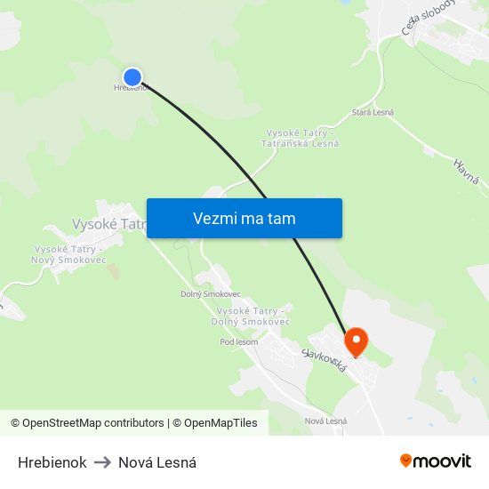 Hrebienok to Nová Lesná map