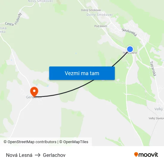 Nová Lesná to Gerlachov map