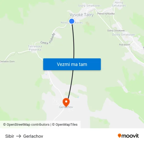 Sibír to Gerlachov map