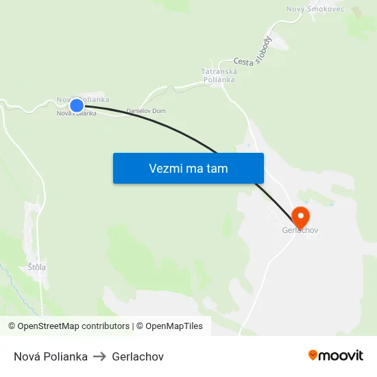 Nová Polianka to Gerlachov map