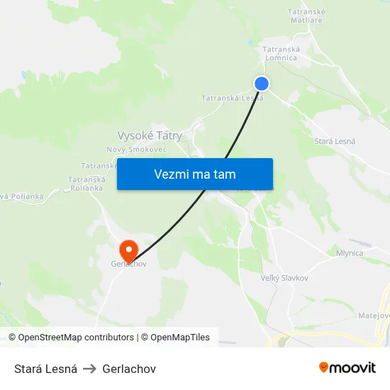 Stará Lesná to Gerlachov map