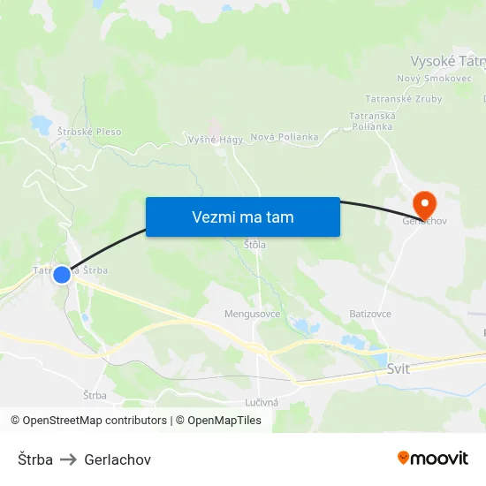 Štrba to Gerlachov map