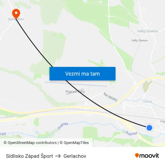 Sídlisko Západ Šport to Gerlachov map