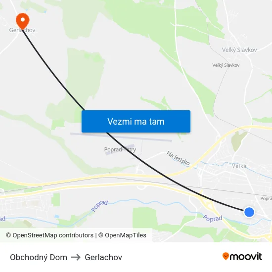 Obchodný Dom to Gerlachov map