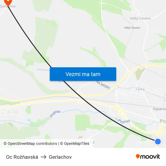 Oc Rožňavská to Gerlachov map