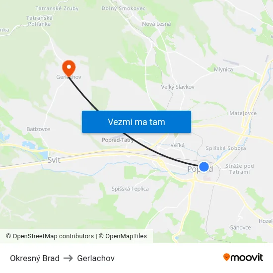 Okresný Brad to Gerlachov map