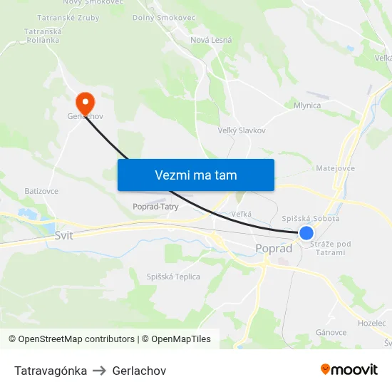 Tatravagónka to Gerlachov map