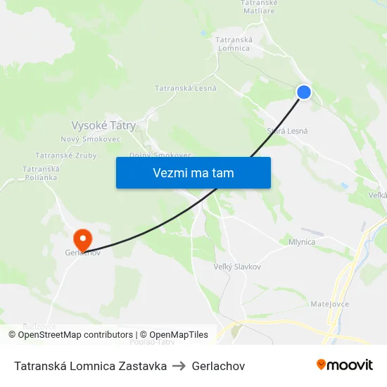 Tatranská Lomnica Zastavka to Gerlachov map