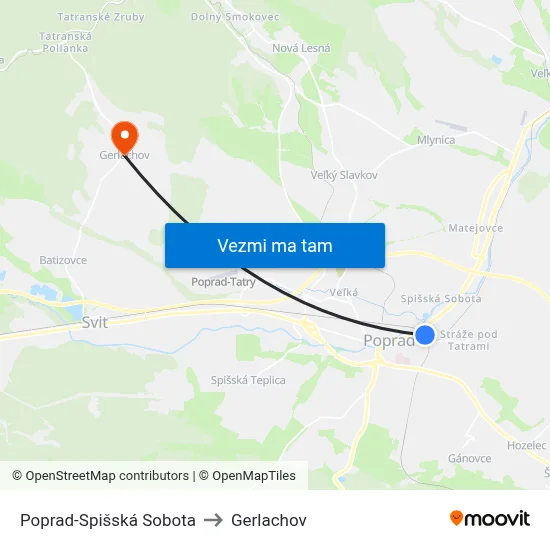 Poprad-Spišská Sobota to Gerlachov map
