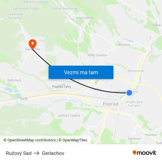 Ružový Sad to Gerlachov map