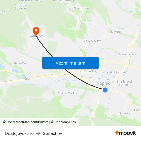 Dostojevského to Gerlachov map