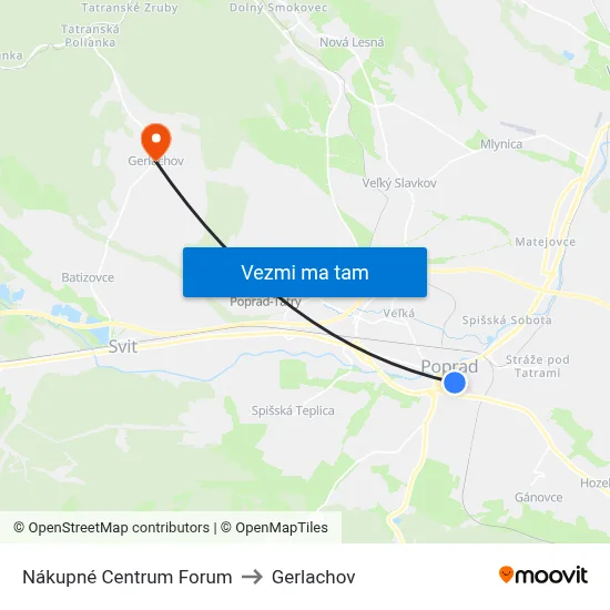 Nákupné Centrum Forum to Gerlachov map