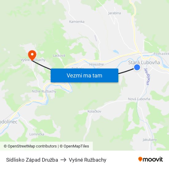 Sídlisko Západ Družba to Vyšné Ružbachy map