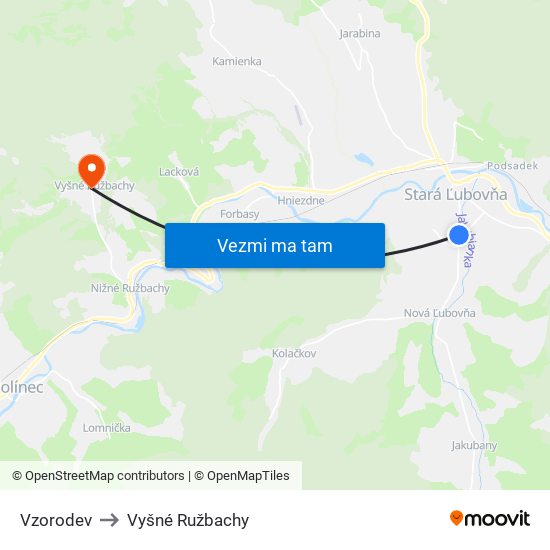 Vzorodev to Vyšné Ružbachy map