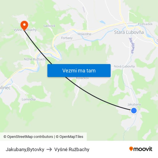 Jakubany,Bytovky to Vyšné Ružbachy map