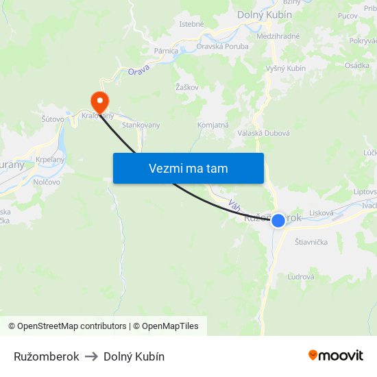 Ružomberok to Dolný Kubín map