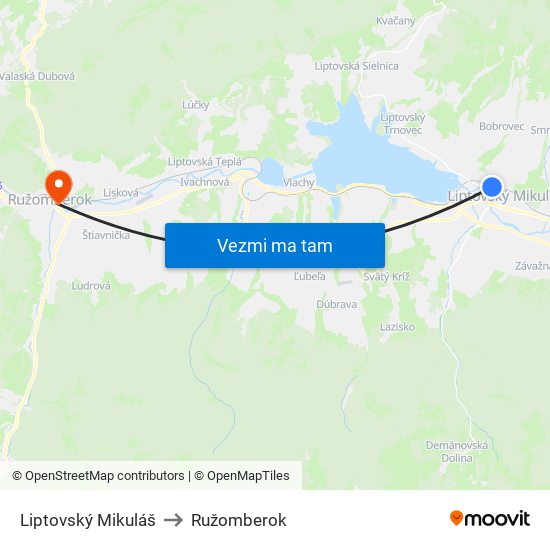 Liptovský Mikuláš to Ružomberok map