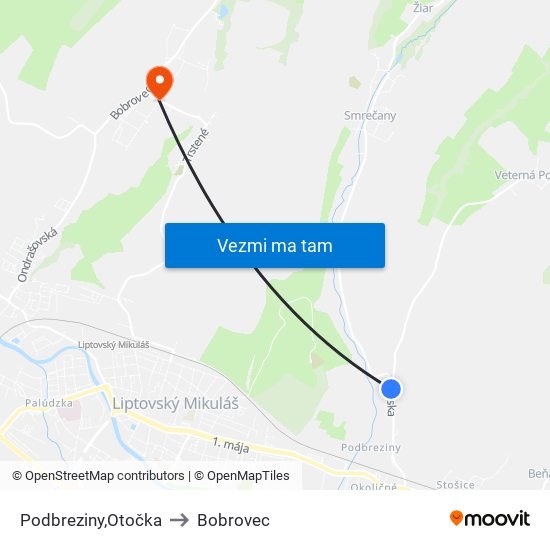 Podbreziny,Otočka to Bobrovec map