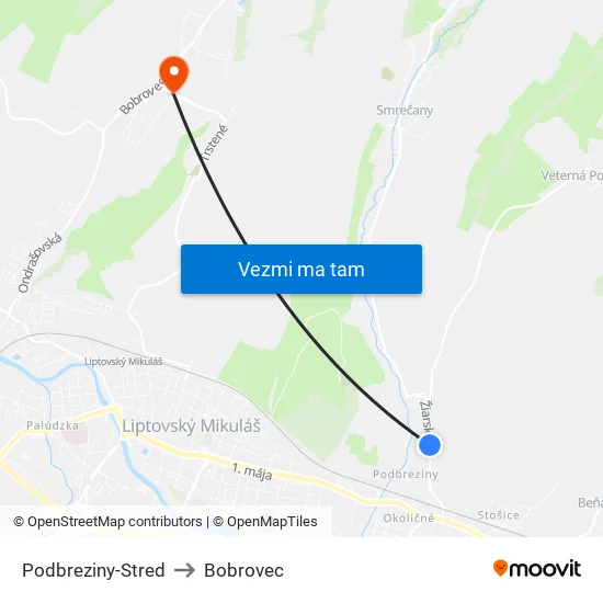 Podbreziny-Stred to Bobrovec map