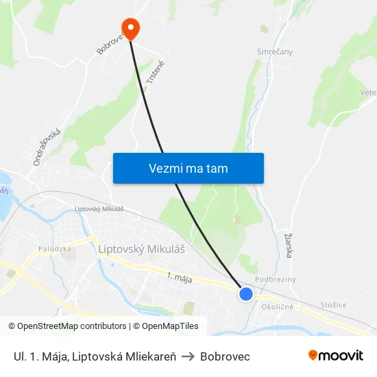 Ul. 1. Mája, Liptovská Mliekareň to Bobrovec map