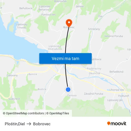 Ploštín,Diel to Bobrovec map