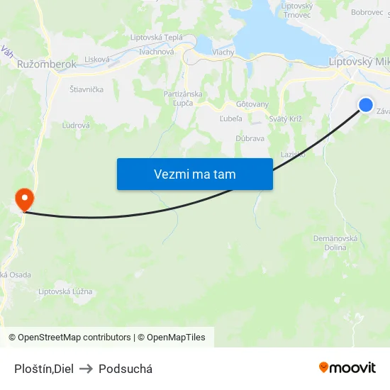 Ploštín,Diel to Podsuchá map