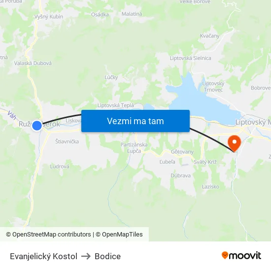 Evanjelický Kostol to Bodice map