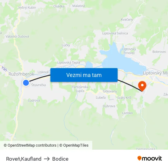 Roveň,Kaufland to Bodice map