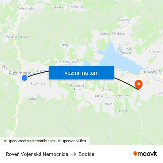 Roveň Vojenská Nemocnica to Bodice map