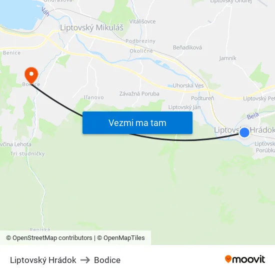 Liptovský Hrádok to Bodice map
