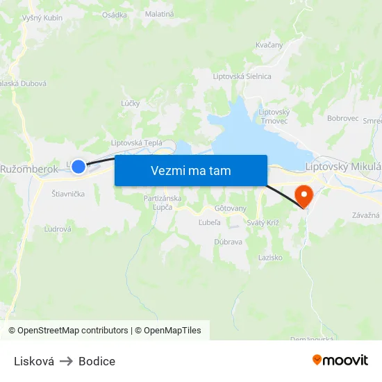 Lisková to Bodice map