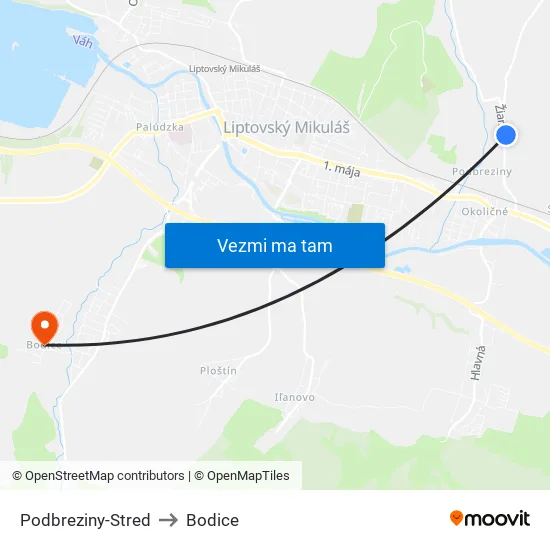 Podbreziny-Stred to Bodice map