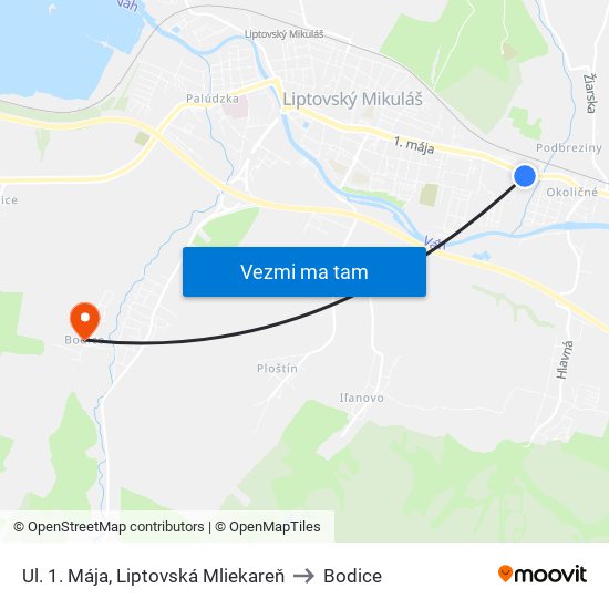 Ul. 1. Mája, Liptovská Mliekareň to Bodice map