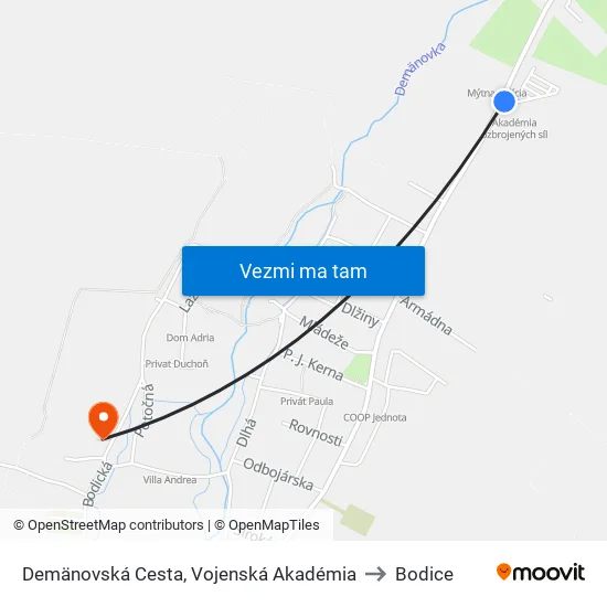 Demänovská Cesta, Vojenská Akadémia to Bodice map