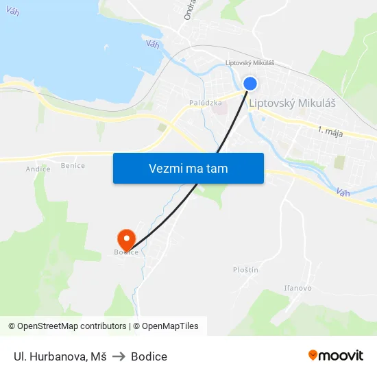 Ul. Hurbanova, Mš to Bodice map