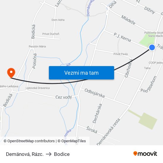 Demänová, Rázc. to Bodice map