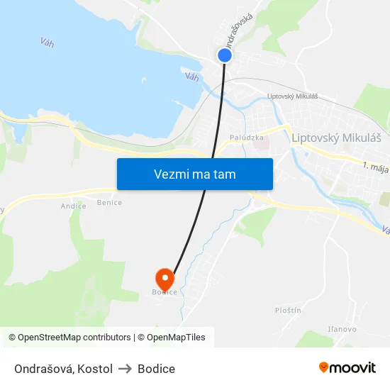 Ondrašová, Kostol to Bodice map