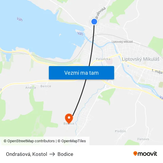 Ondrašová, Kostol to Bodice map