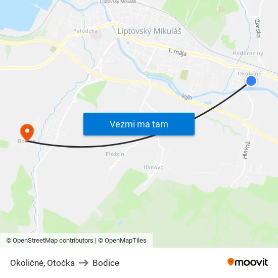 Okoličné, Otočka to Bodice map