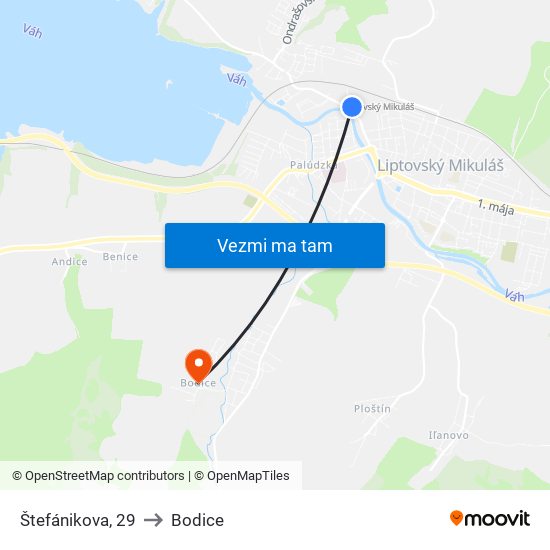 Štefánikova, 29 to Bodice map