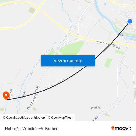 Nábrežie,Vrbická to Bodice map