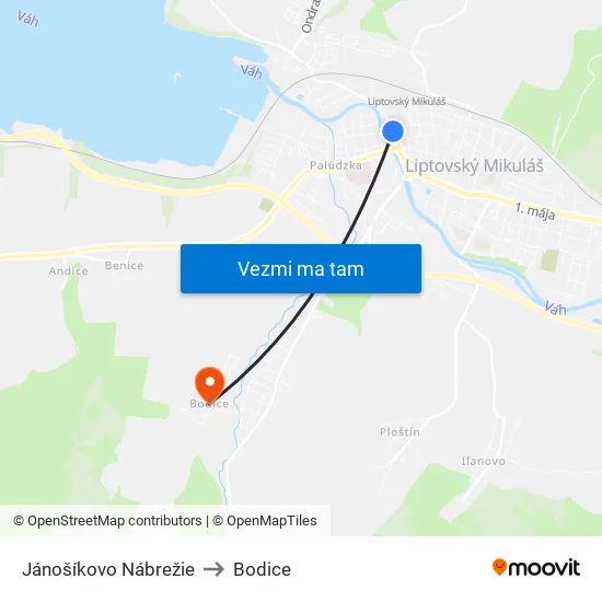 Jánošíkovo Nábrežie to Bodice map
