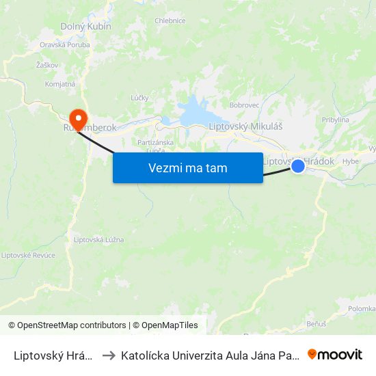 Liptovský Hrádok to Katolícka Univerzita Aula Jána Pavla Ii. map