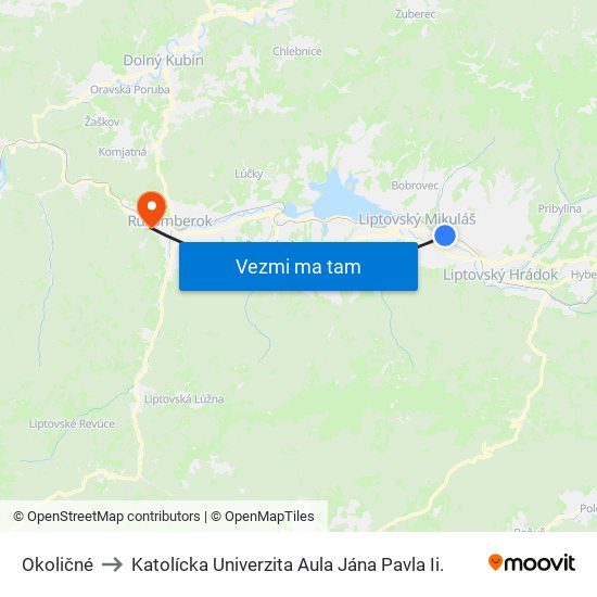 Okoličné to Katolícka Univerzita Aula Jána Pavla Ii. map